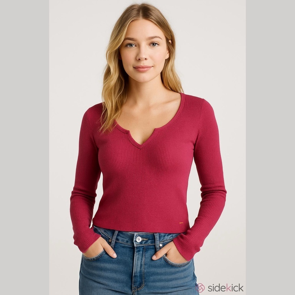Victoria's Secret PINK Long Sleeve V Neck Crop Waffle T-Shirt Pink Size Small